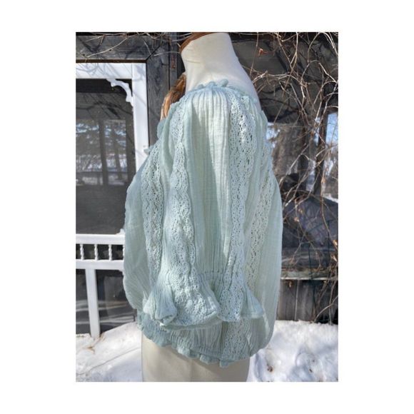 American Eagle Outfitters Mint Green Knit Crop Top Off Shoulder Balloon Sleeve S - Picture 3 of 12